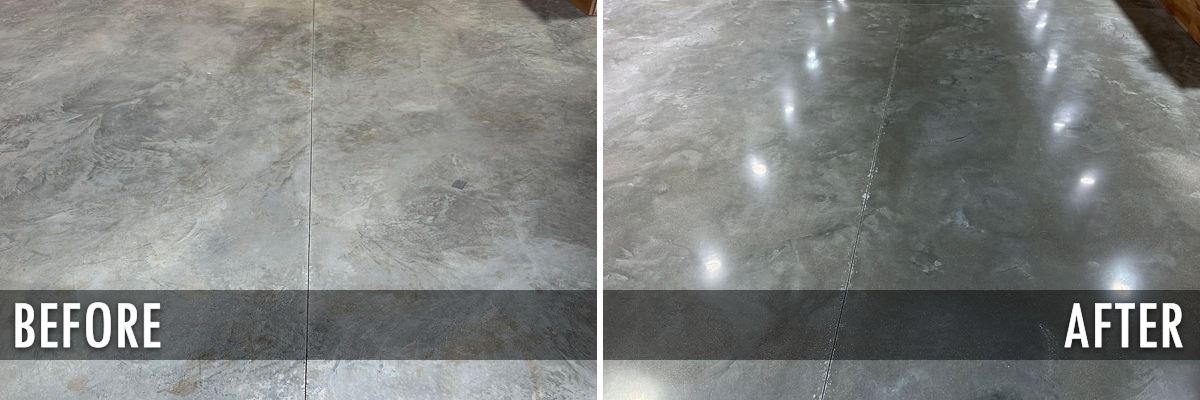Polished decorative concrete floor before and after by Bricks-n-Stones