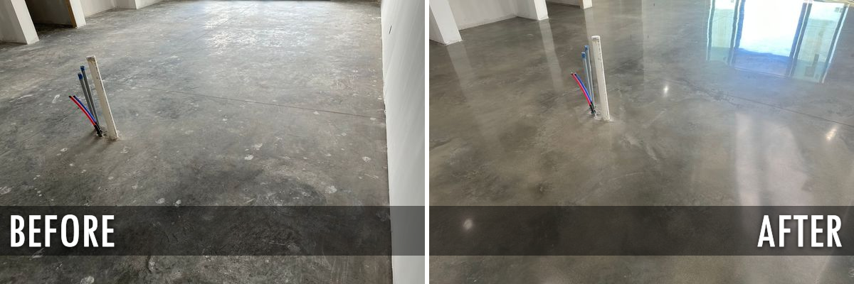 Polished commercial concrete floor before and after by Bricks-n-Stones