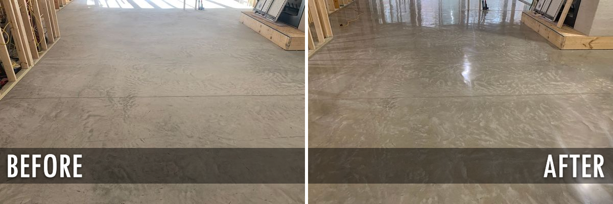 Polished garage concrete floor before and after by Bricks-n-Stones
